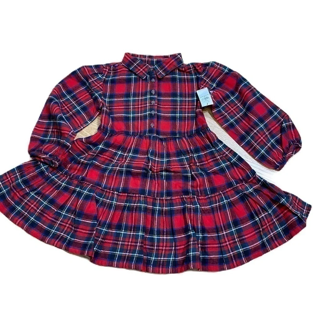 Old Navy Tartan Plaid Tiered Dress NWT 4T Red Blue Green Long Puff Sleeve